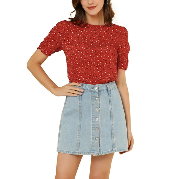 DARING DIVA Floral Crew Neck Shirred Short Sleeve Casual Top S Red