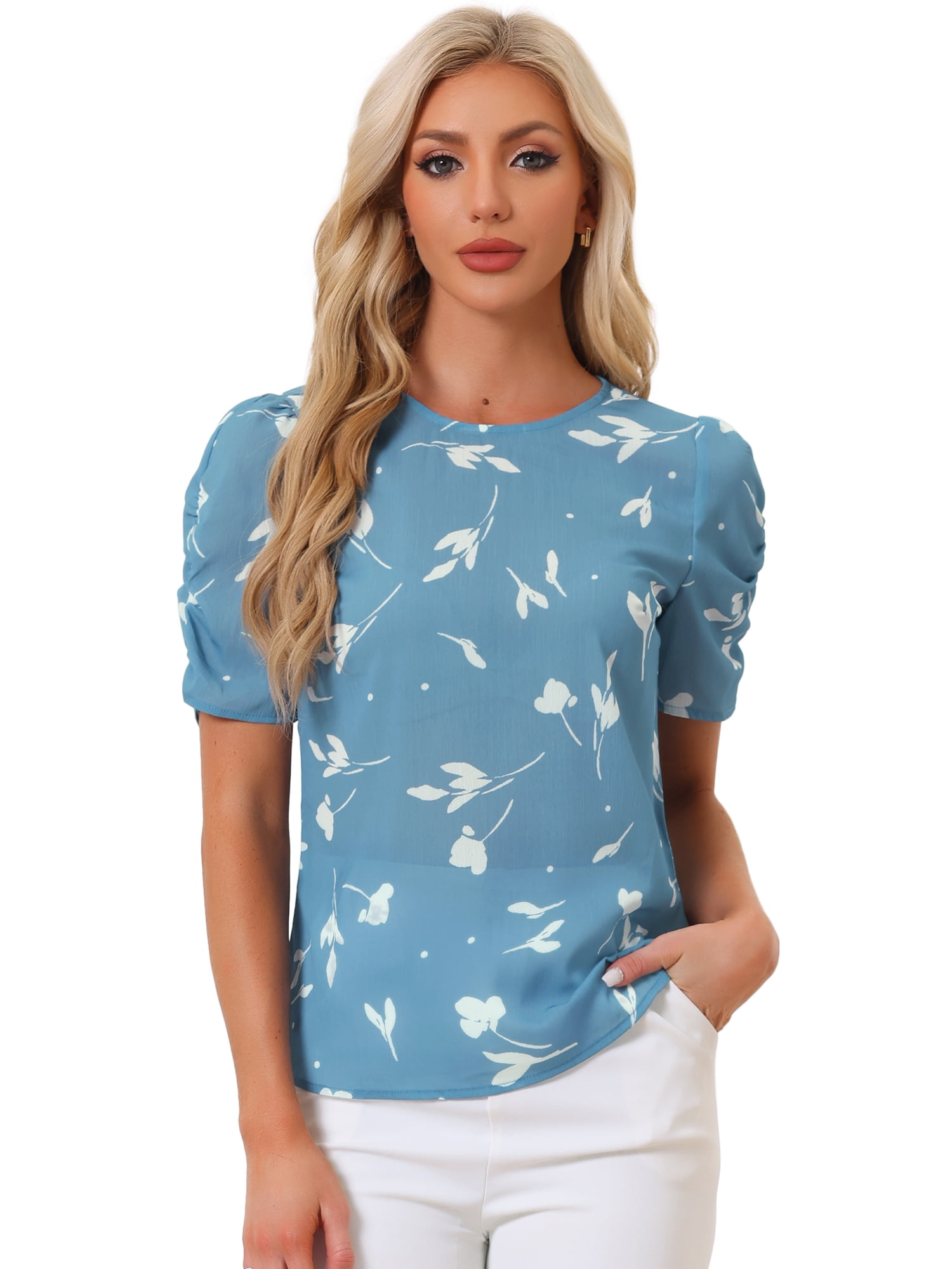DARING DIVA Floral Crew Neck Shirred Short Sleeve Casual Top XL Blue Floral