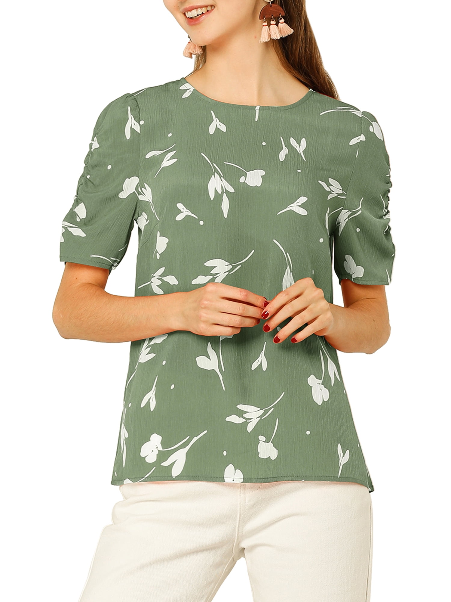 DARING DIVA Floral Crew Neck Shirred Short Sleeve Casual Top XL Green