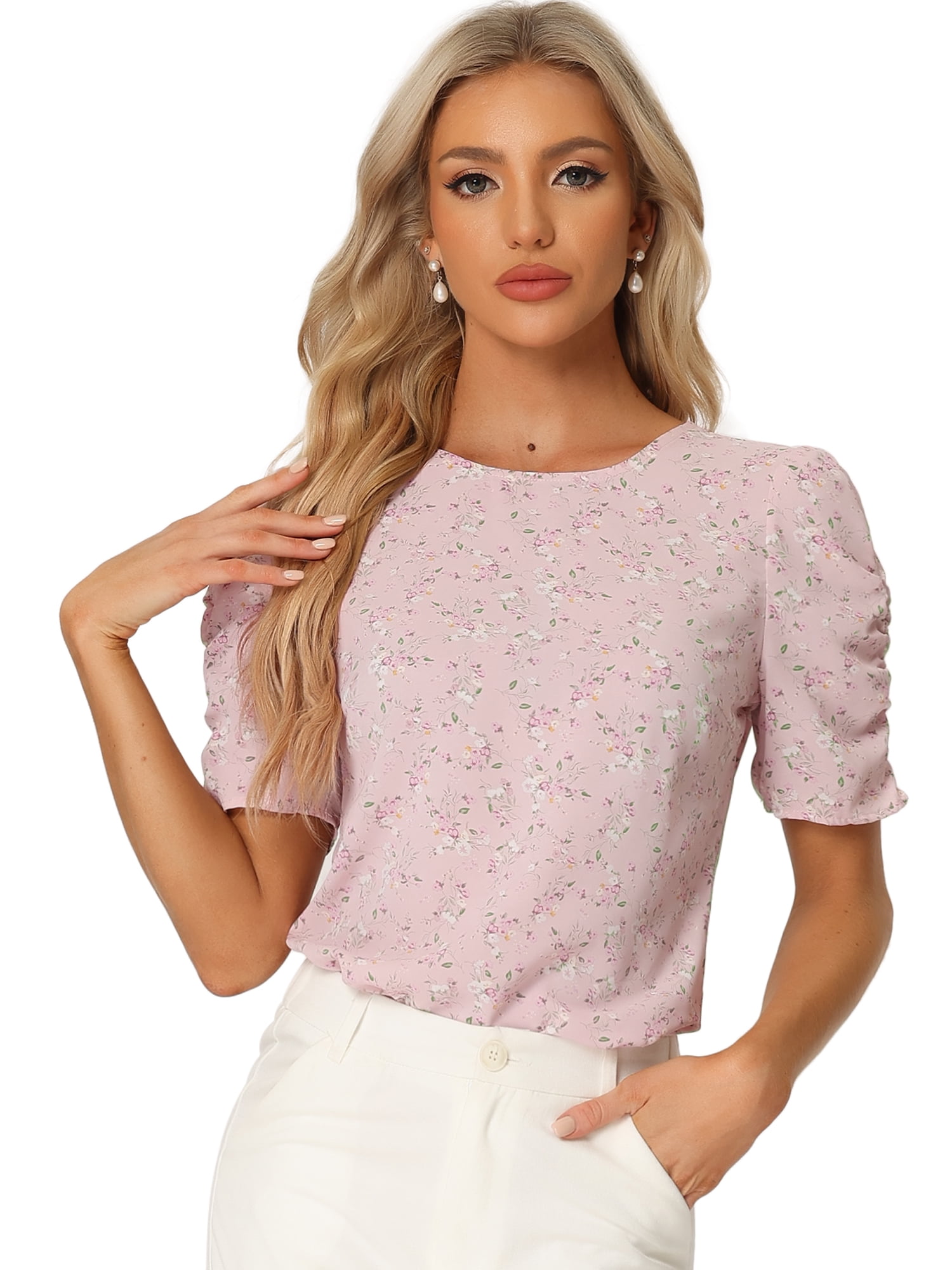 DARING DIVA Floral Crew Neck Shirred Short Sleeve Casual Top XL Pink Floral
