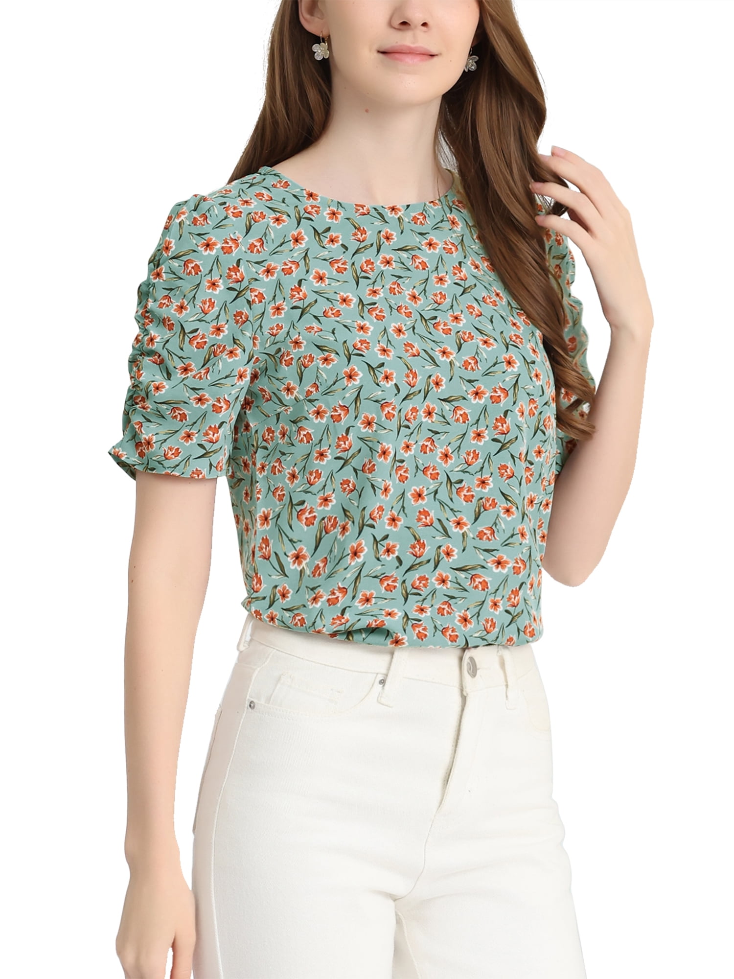 DARING DIVA Floral Crew Neck Shirred Short Sleeve Casual Top XL Teal