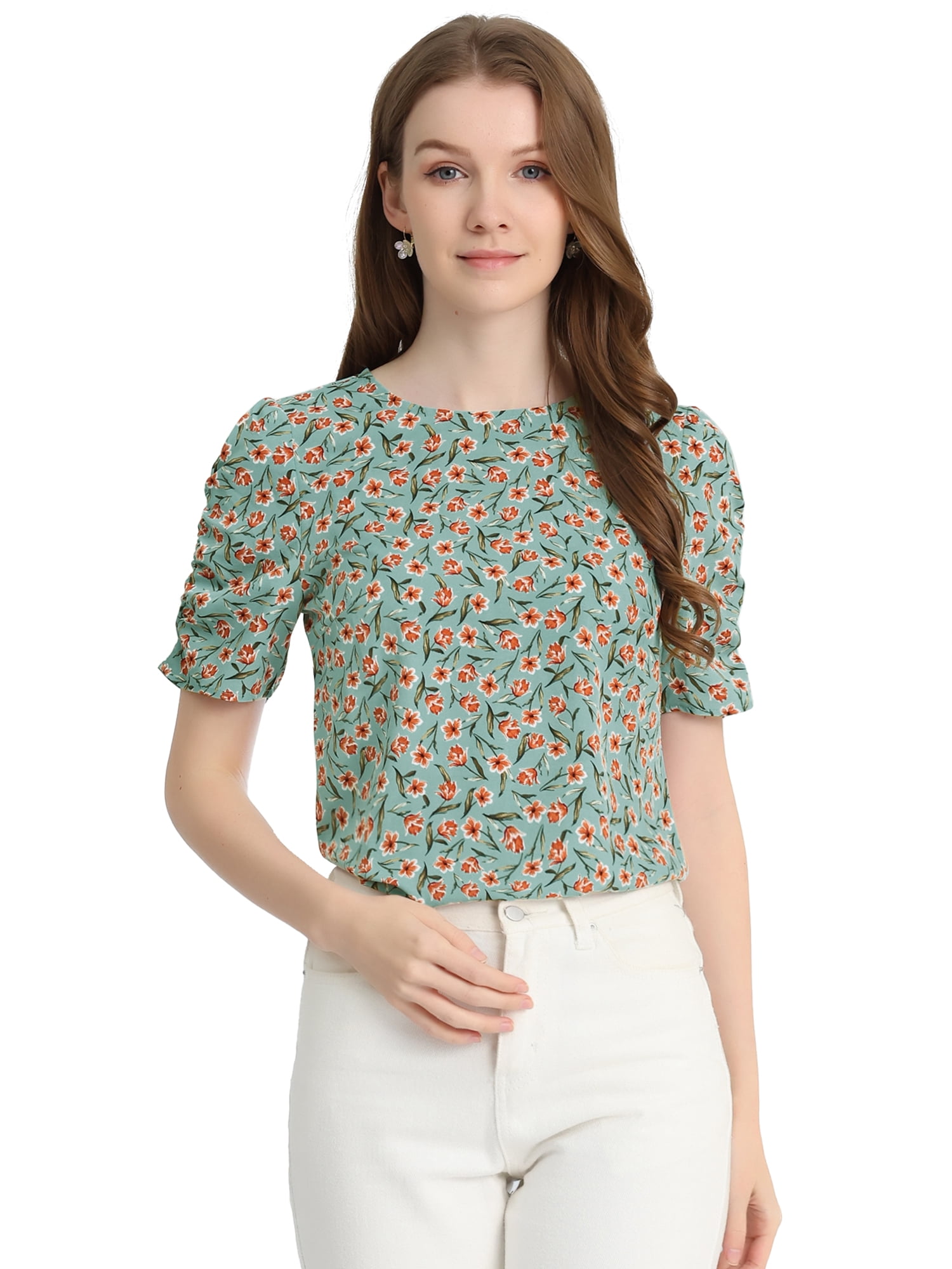 DARING DIVA Floral Crew Neck Shirred Short Sleeve Casual Top XS Teal