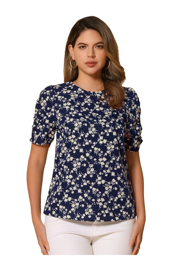 Floral Crew Neck Shirred Short Sleeve Tops L Dark Blue White