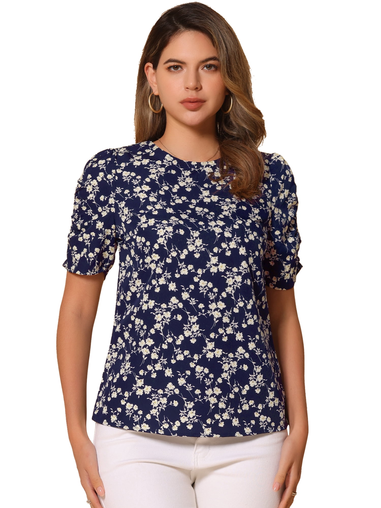 DARING DIVA Floral Crew Neck Shirred Short Sleeve Tops M Dark Blue White