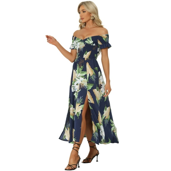 DARING DIVA Floral Dress Midi Beach Summer Dress L Dark Blue