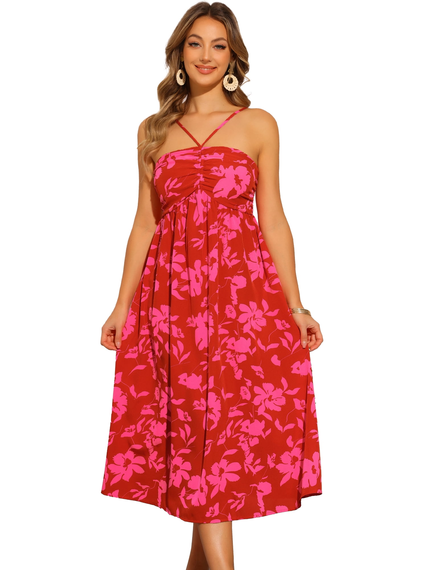 DARING DIVA Floral Easter Sleeveless Crisscross Straps Midi Dress XS Red