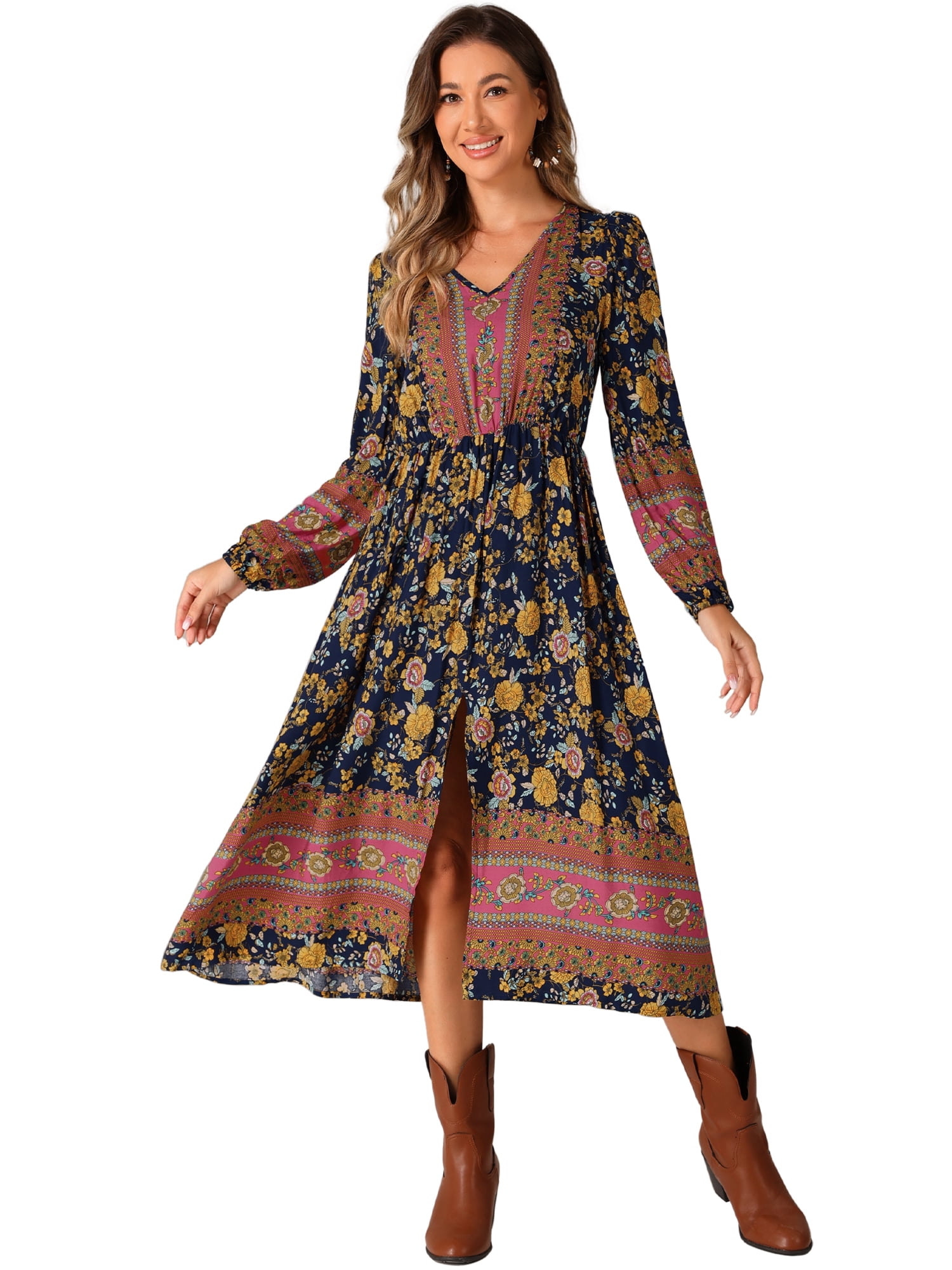 DARING DIVA Floral Elastic Waist Split A-Line Midi Dress S Blue
