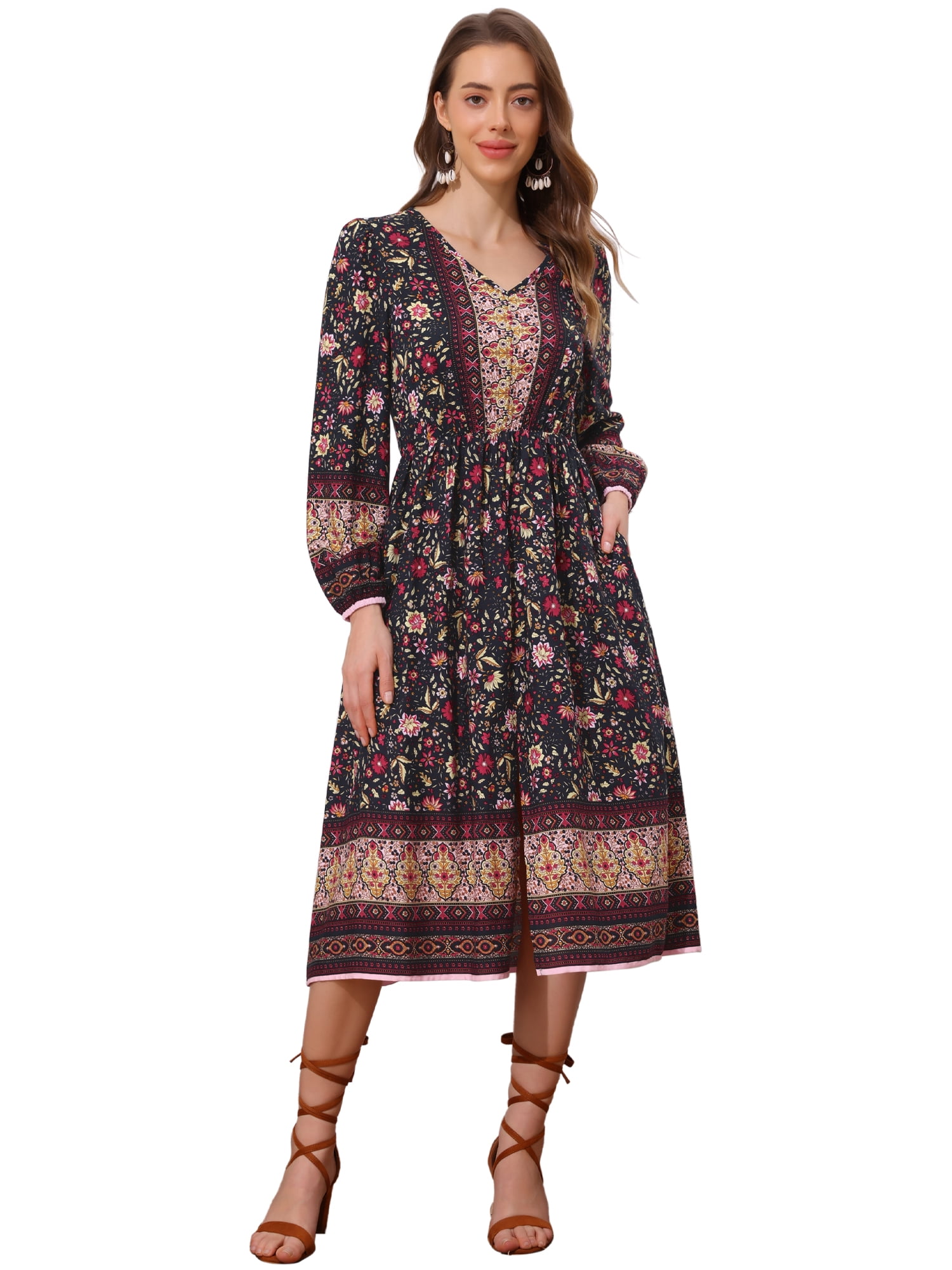 DARING DIVA Floral Elastic Waist Split A-Line Midi Dress S Navy Blue