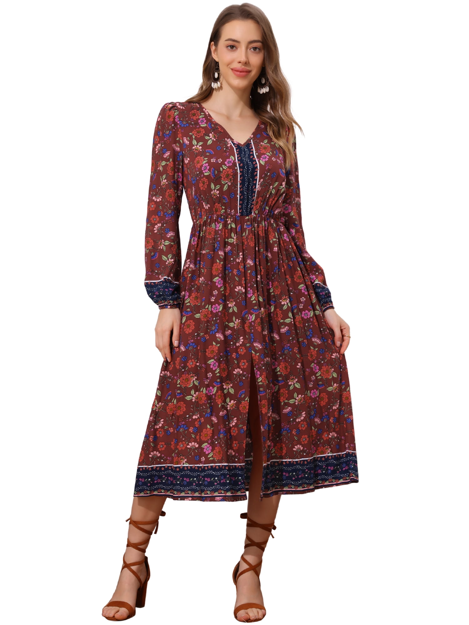 DARING DIVA Floral Elastic Waist Split A-Line Midi Dress XS Brown