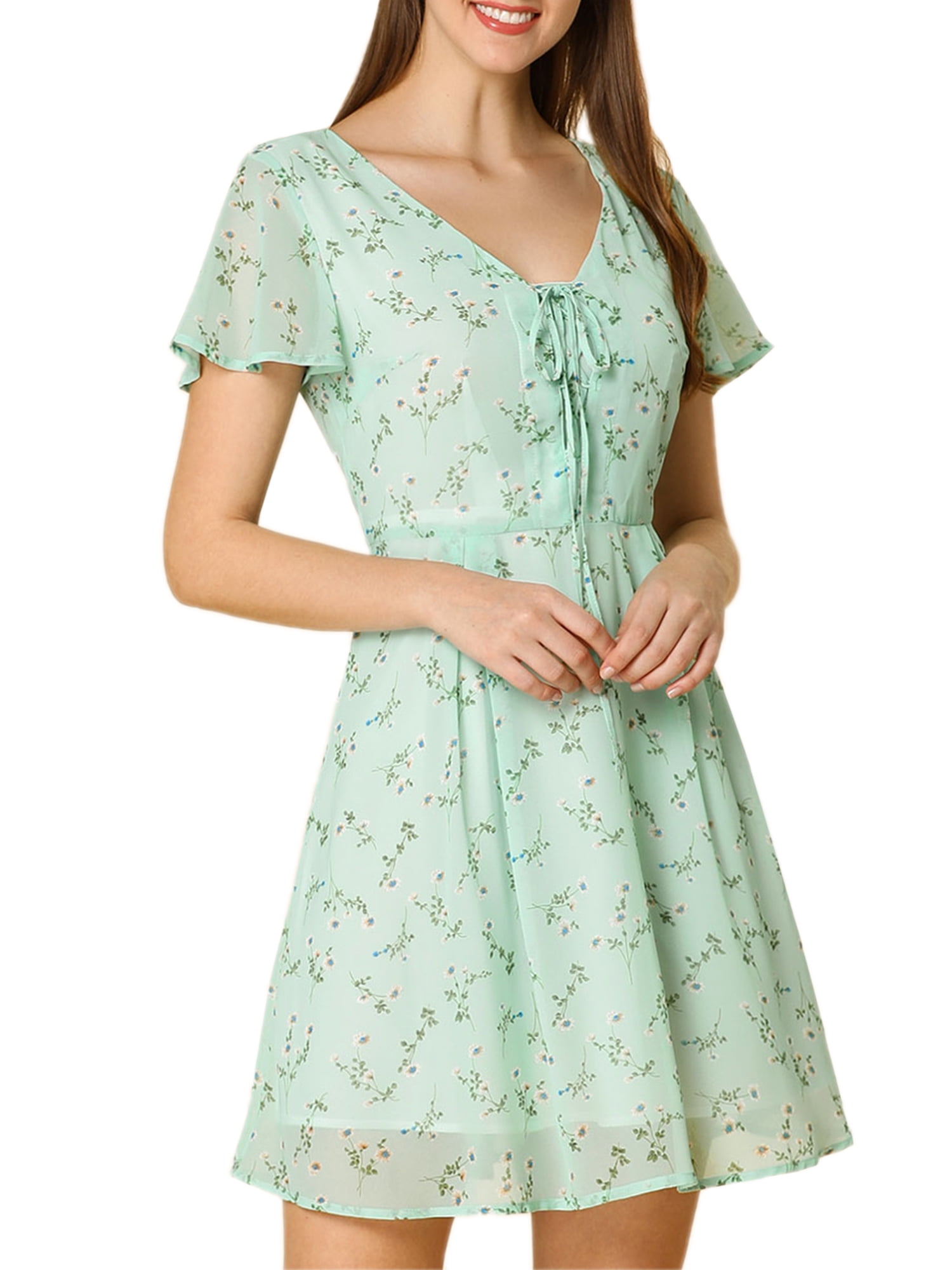 DARING DIVA Floral Flouncing Sleeve V Neck A-Line Chiffon Dress  L Green