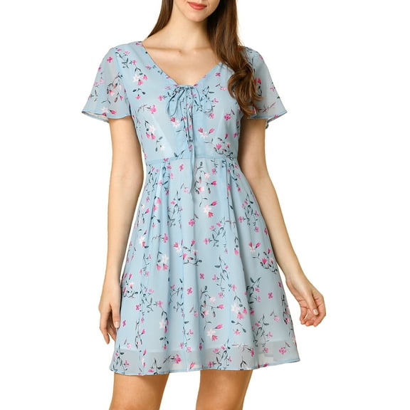 DARING DIVA Floral Flouncing Sleeve V Neck A-Line Chiffon Dress  M Blue