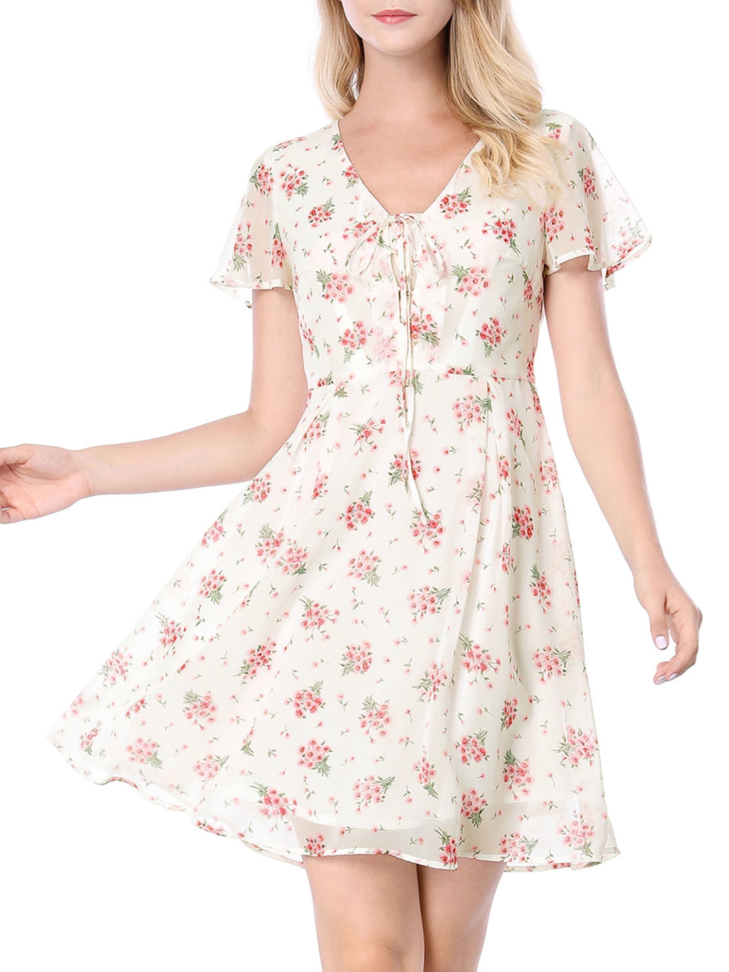 DARING DIVA Floral Flouncing Sleeve V Neck A-Line Chiffon Dress  M White
