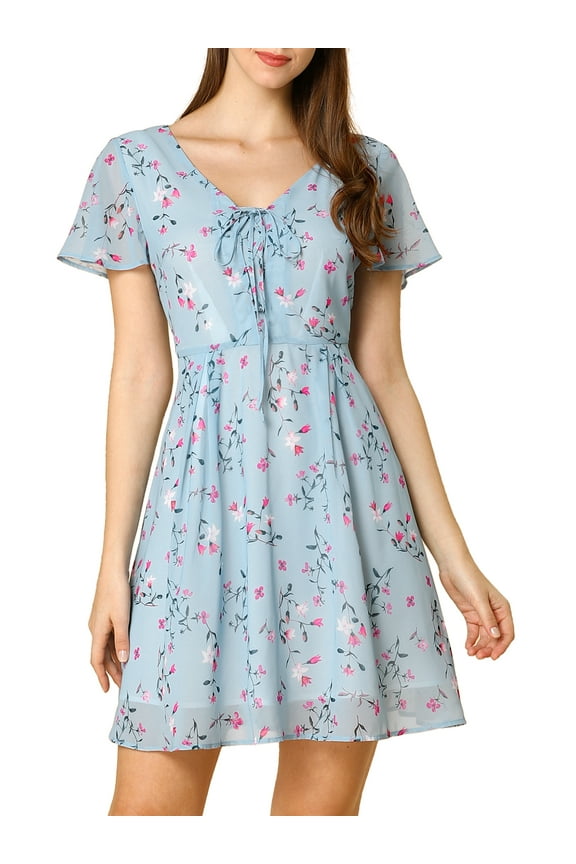Floral Flouncing Sleeve V Neck A-Line Chiffon Dress  S Blue