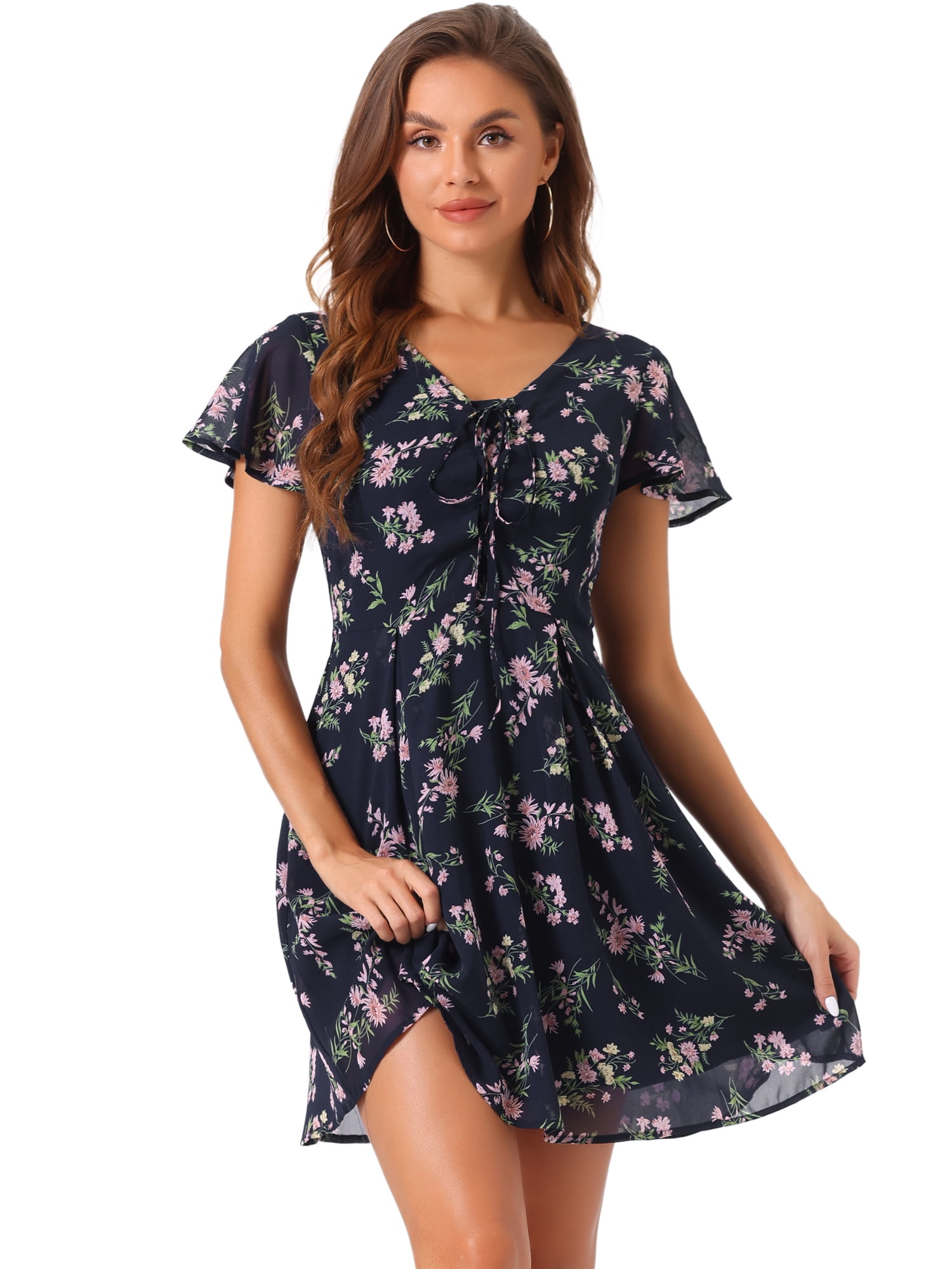 DARING DIVA Floral Flouncing Sleeve V Neck A-Line Chiffon Dress  S Blue