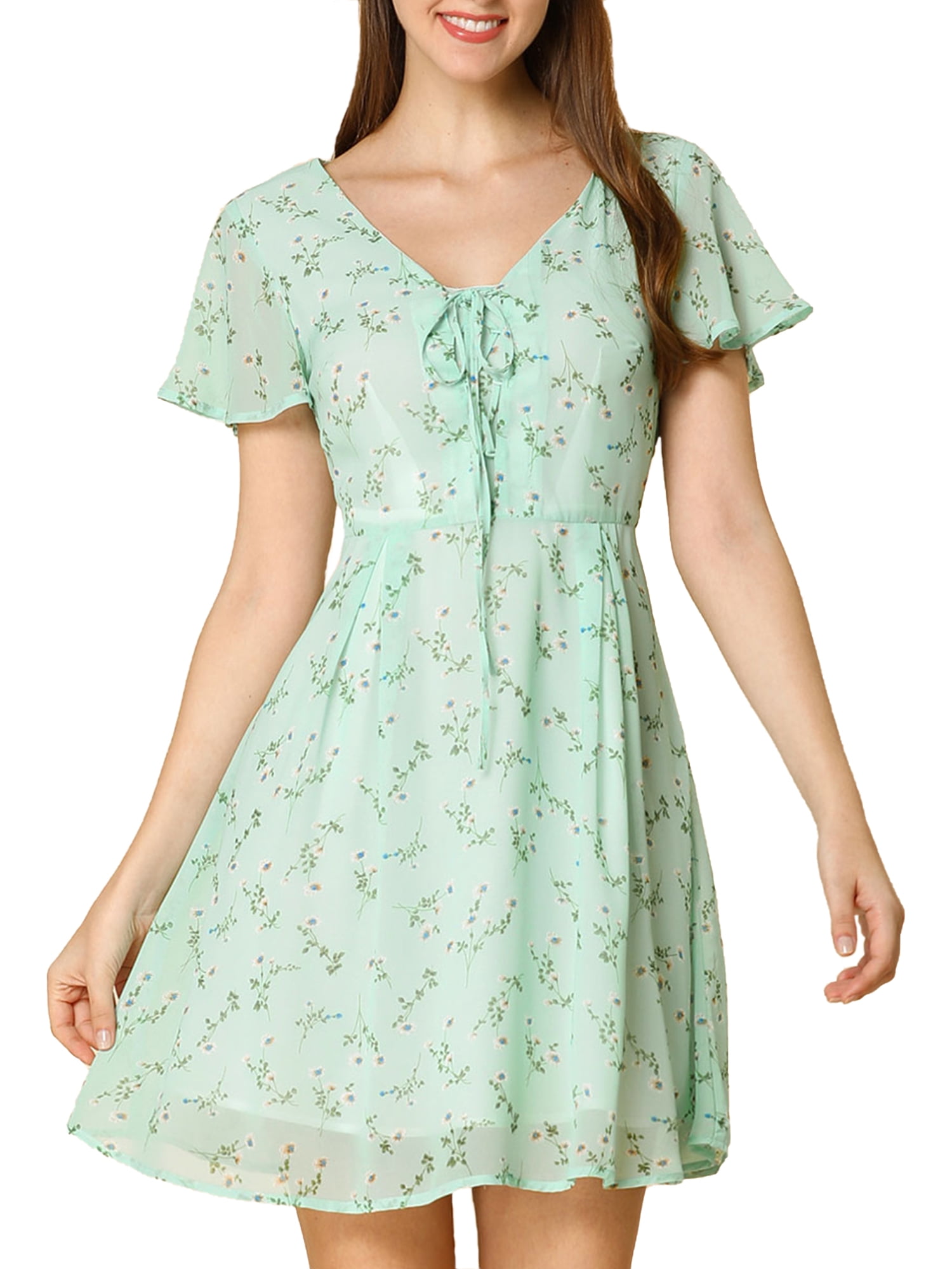 DARING DIVA Floral Flouncing Sleeve V Neck A-Line Chiffon Dress  S Green