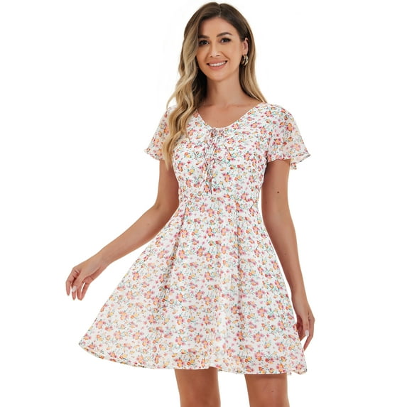 DARING DIVA Floral Flouncing Sleeve V Neck A-Line Chiffon Dress S Multicolor