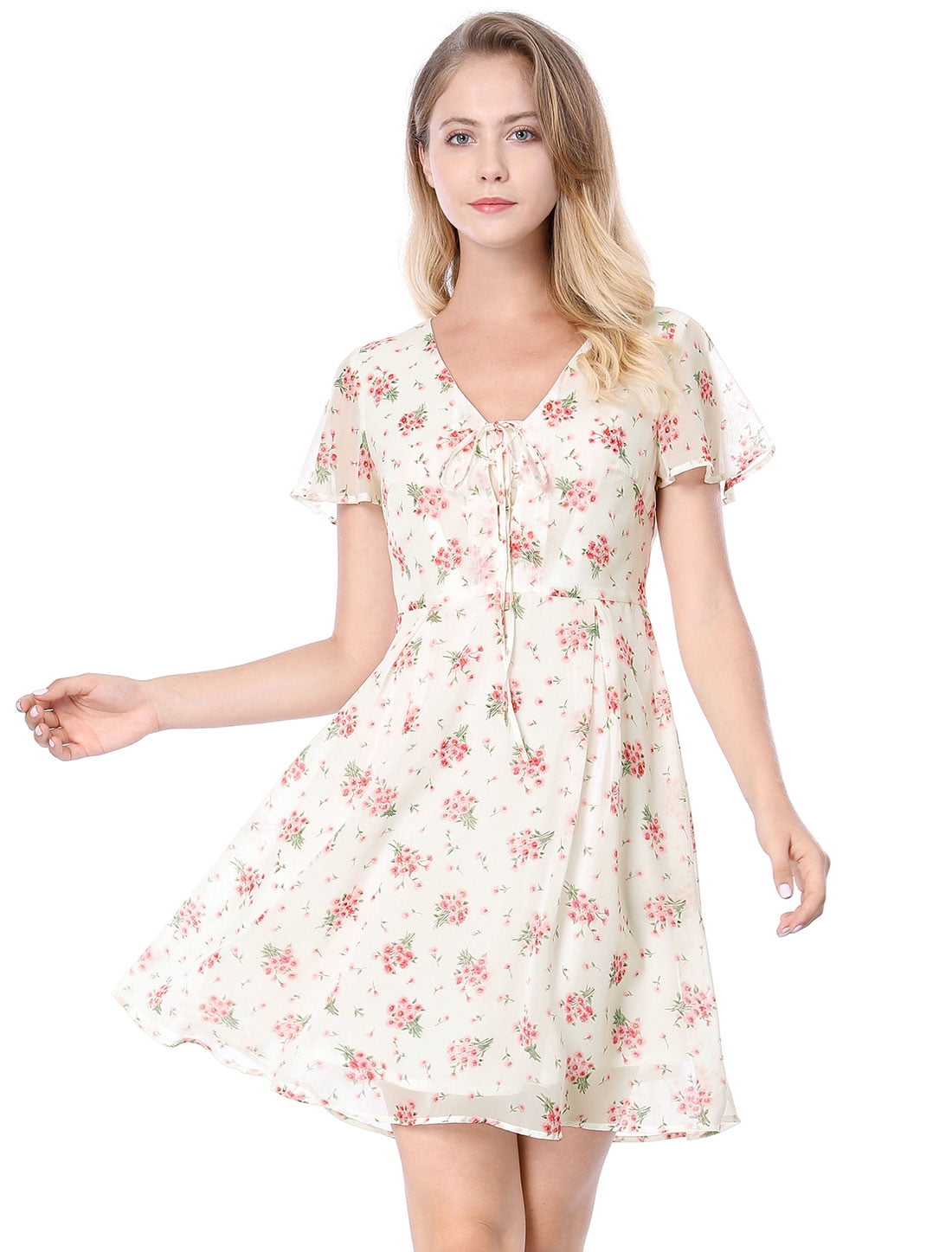 DARING DIVA Floral Flouncing Sleeve V Neck A-Line Chiffon Dress  XL White