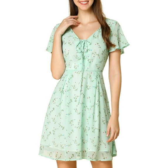 DARING DIVA Floral Flouncing Sleeve V Neck A-Line Chiffon Dress XS Green