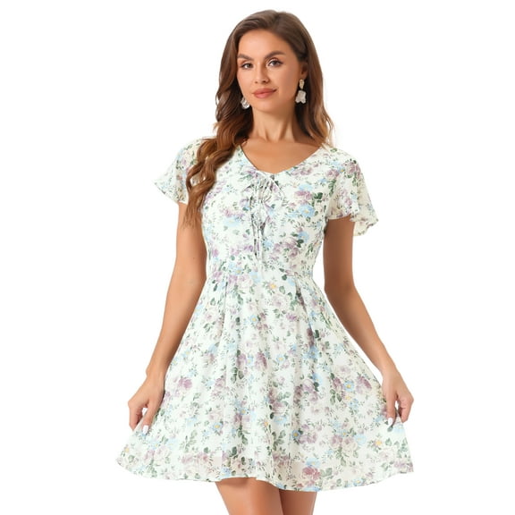 DARING DIVA Floral Flouncing Sleeve V Neck A-Line Chiffon Dress XS Multicolor