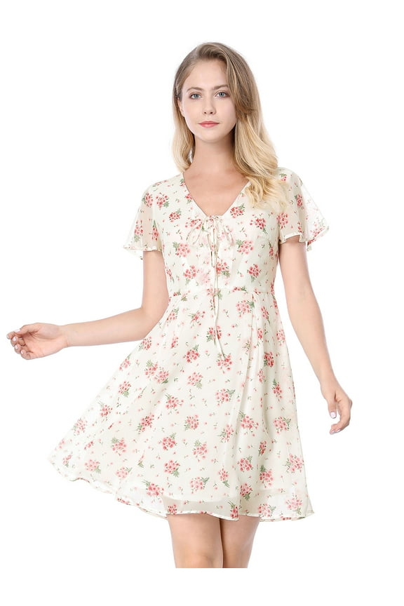 Floral Flouncing Sleeve V Neck A-Line Chiffon Dress XS White