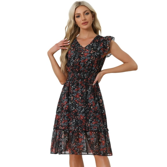 DARING DIVA Floral Flutter Sleeves V Neck Smocked Ruffle Dress M Black Red