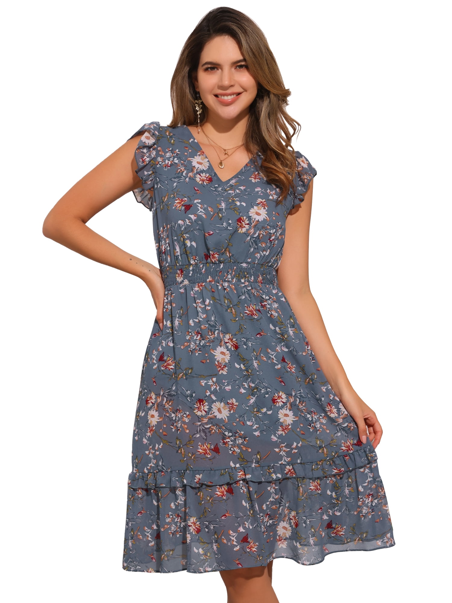 DARING DIVA Floral Flutter Sleeves V Neck Smocked Ruffle Dress M Blue Gray