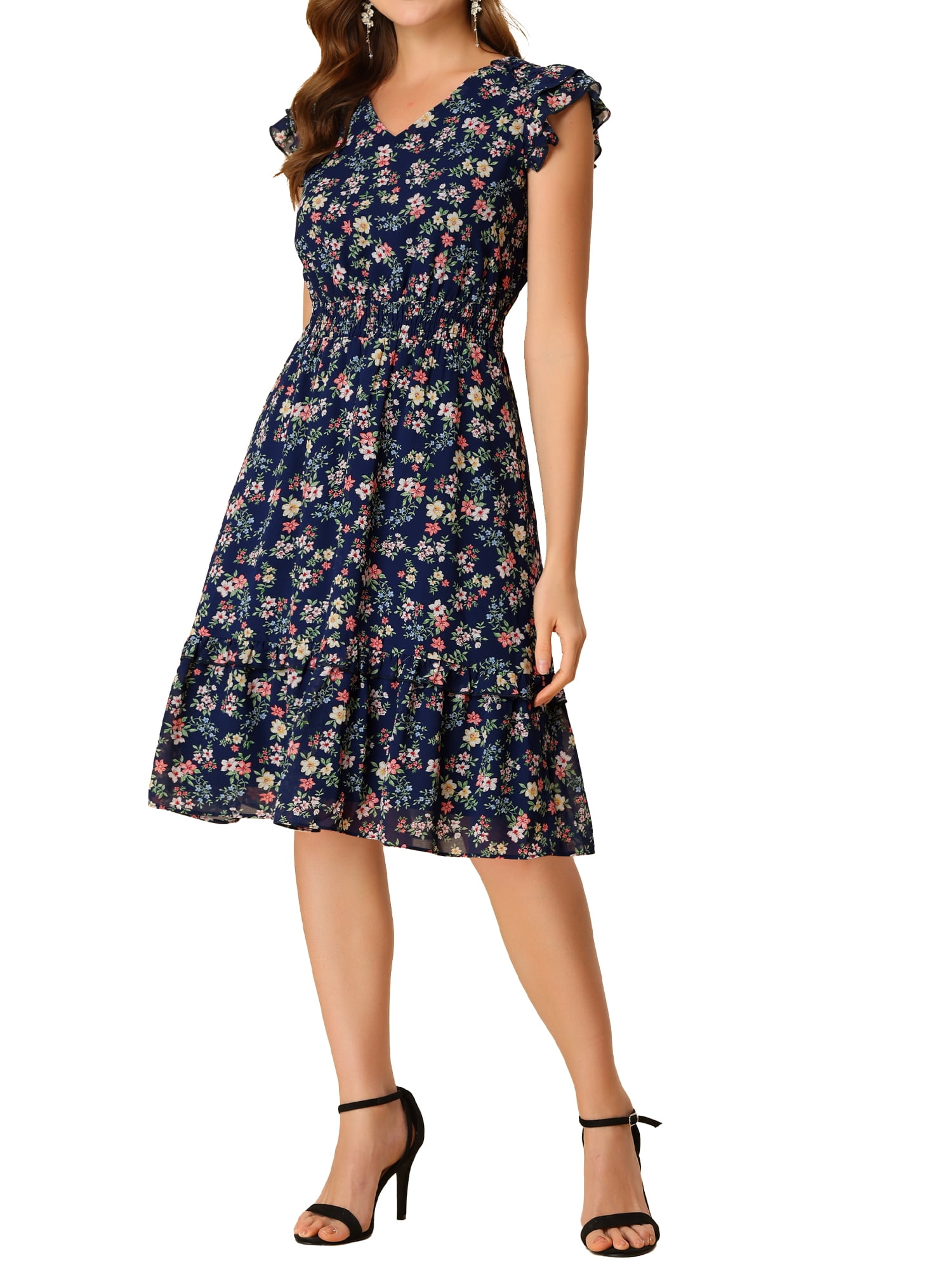 DARING DIVA Floral Flutter Sleeves V Neck Smocked Ruffle Dress M Navy