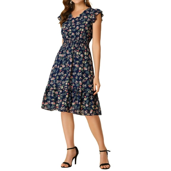 DARING DIVA Floral Flutter Sleeves V Neck Smocked Ruffle Dress M Navy