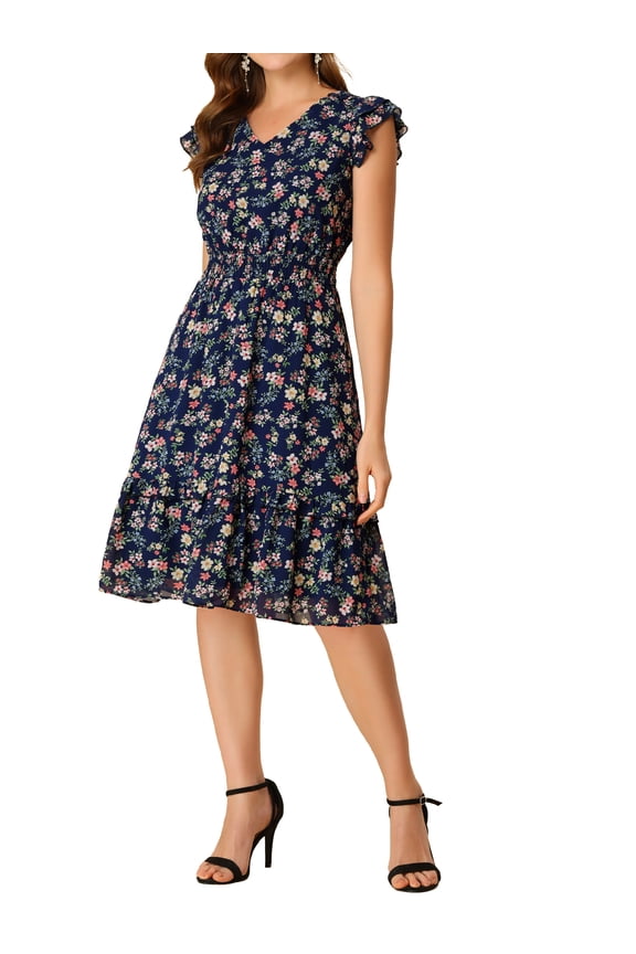 Floral Flutter Sleeves V Neck Smocked Ruffle Dress M Navy