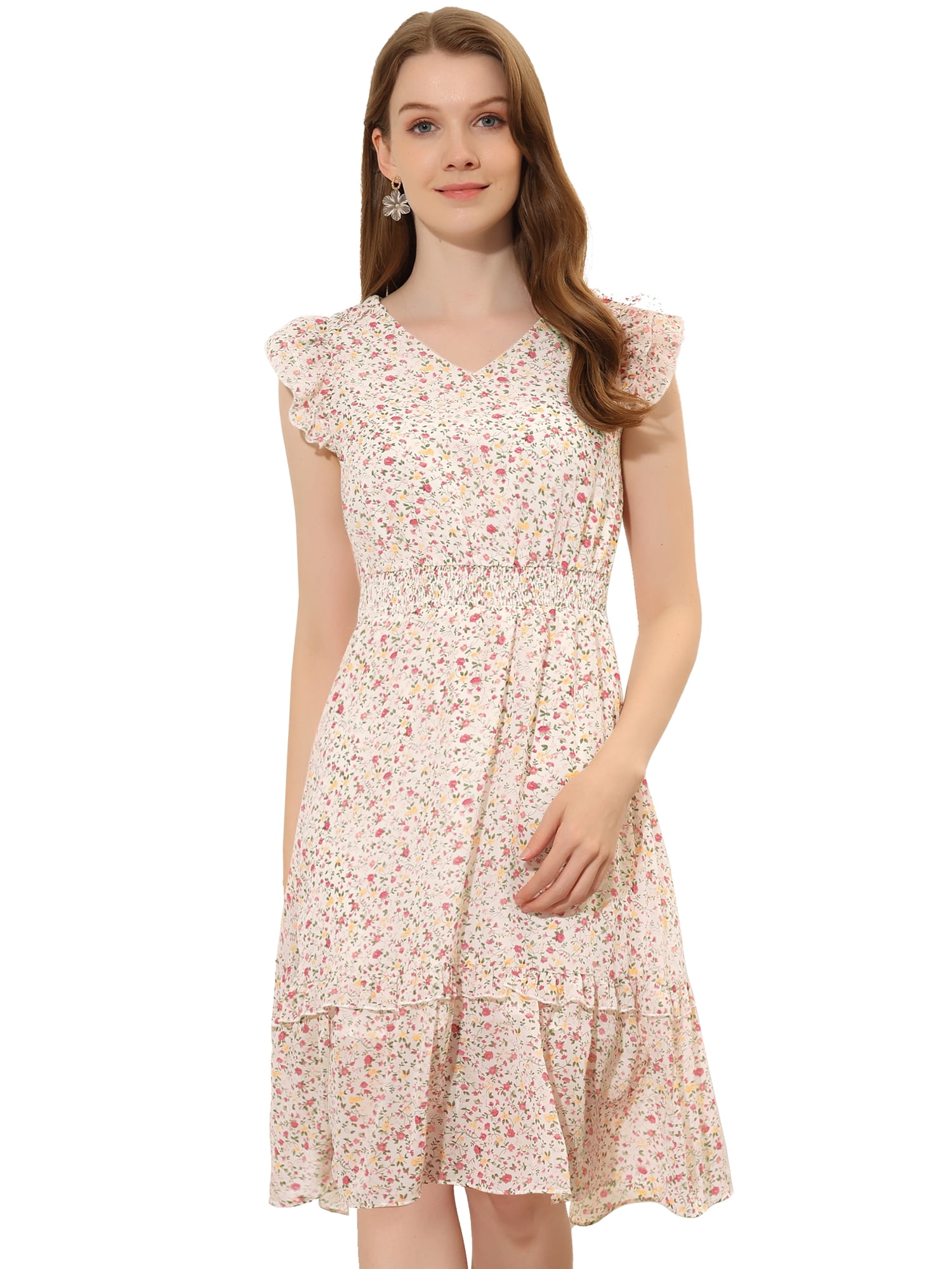 DARING DIVA Floral Flutter Sleeves V Neck Smocked Ruffle Dress M White Pink
