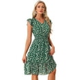 thumbnail image 1 of DARING DIVA Floral Flutter Sleeves V Neck Smocked Ruffle Dress S Green, 1 of 6