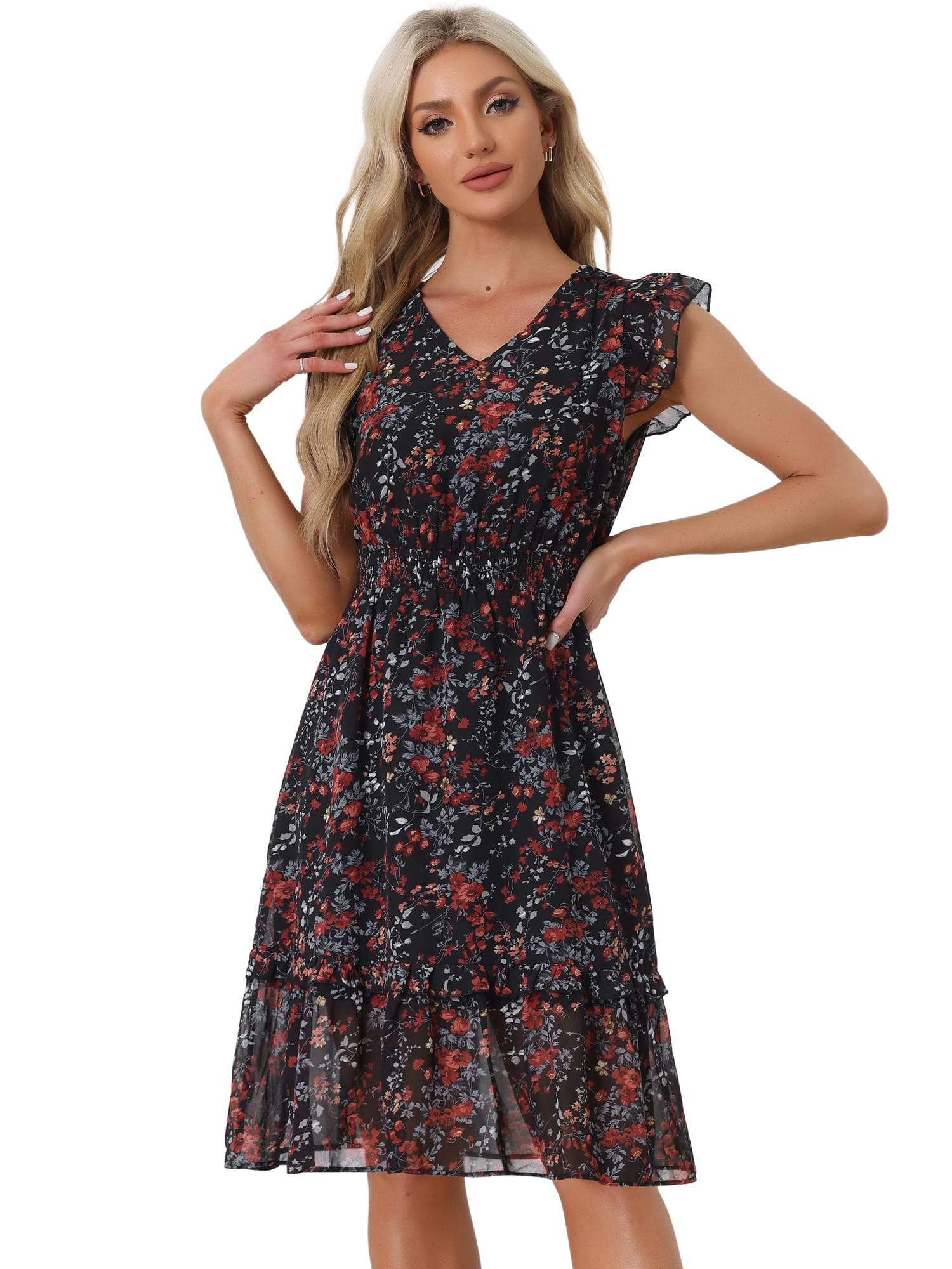 DARING DIVA Floral Flutter Sleeves V Neck Smocked Ruffle Dress XS Black Red