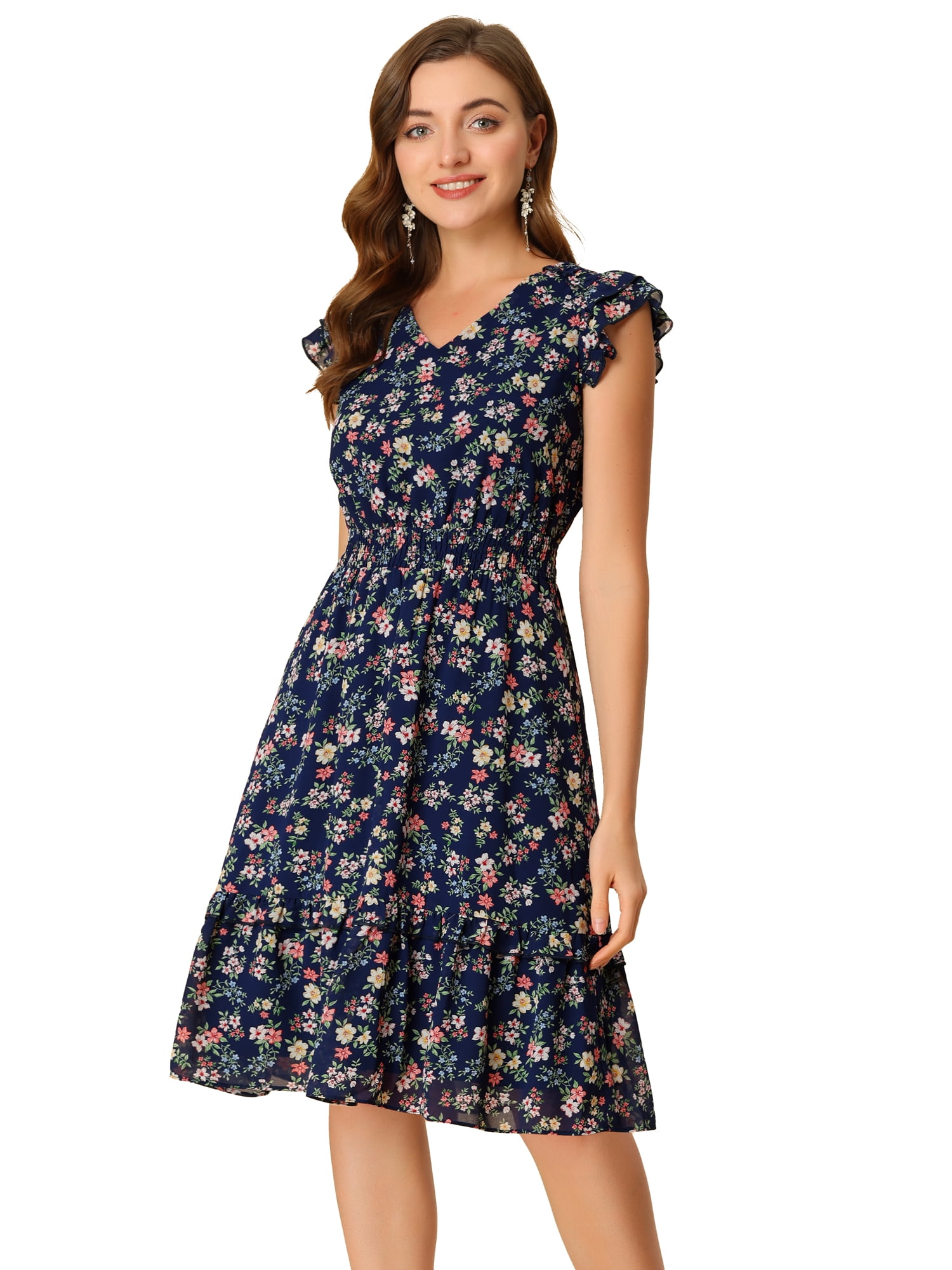 DARING DIVA Floral Flutter Sleeves V Neck Smocked Ruffle Dress XS Navy