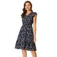 thumbnail image 1 of DARING DIVA Floral Flutter Sleeves V Neck Smocked Ruffle Dress XS Navy, 1 of 6