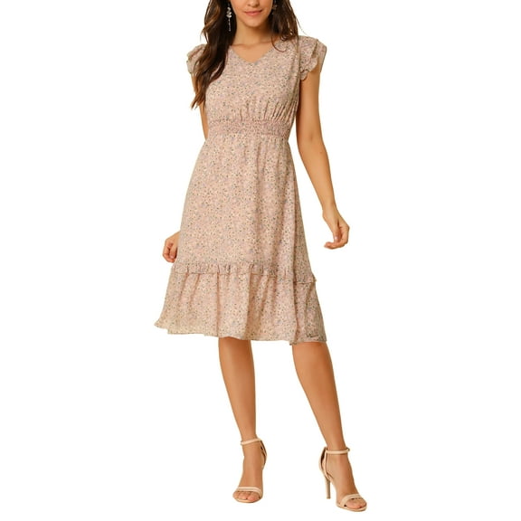 DARING DIVA Floral Flutter Sleeves V Neck Smocked Ruffle Dress XS Pink