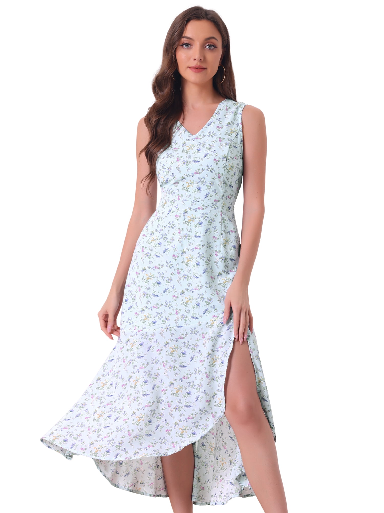 DARING DIVA Floral High Low Side Slit Midi Dress S Light Blue