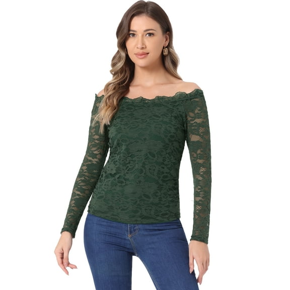 DARING DIVA Floral Lace Off Shoulder Sheer Blouse Top XS Green