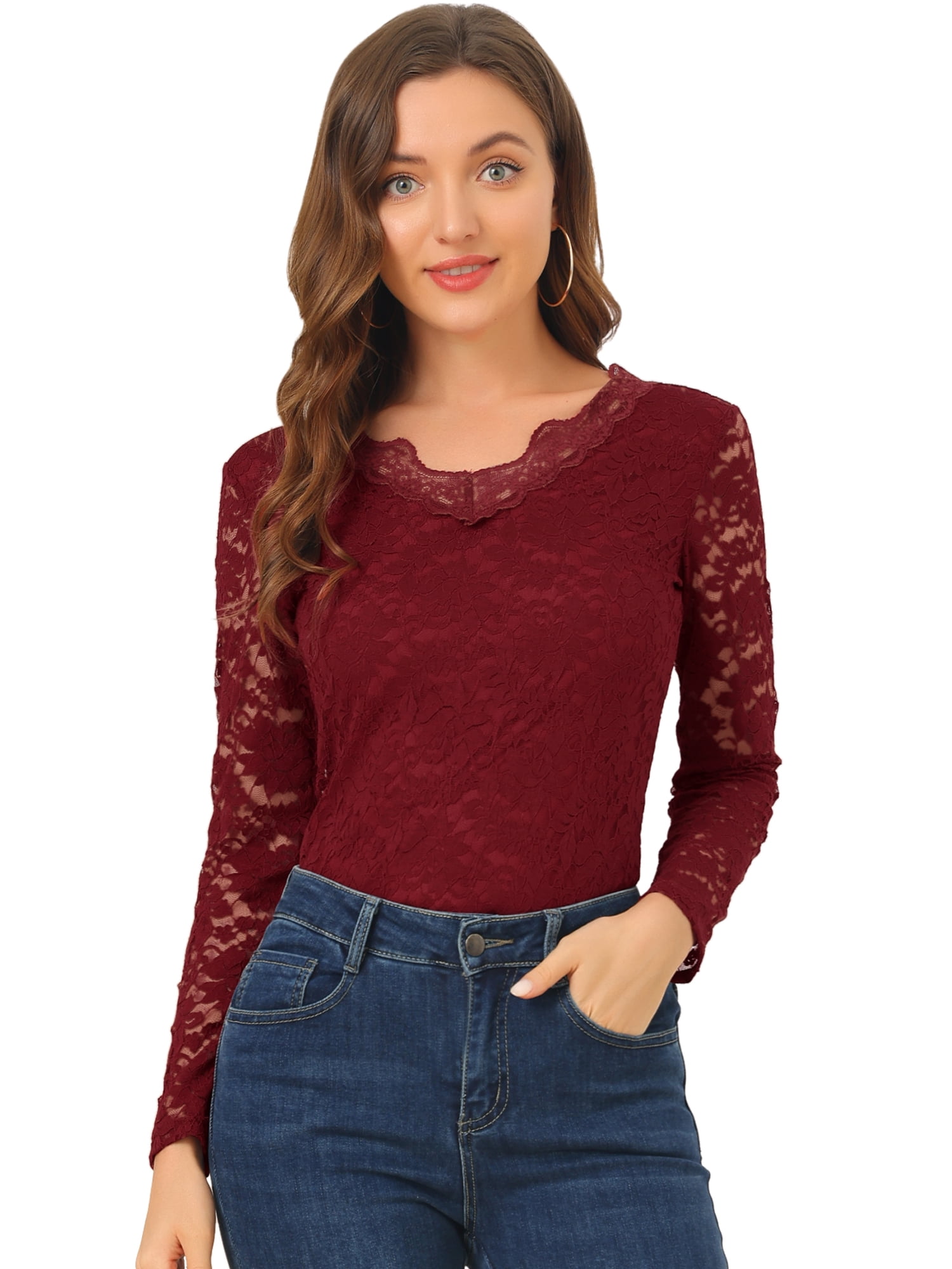 DARING DIVA Floral Lace Shirt Lace Scalloped Trim Blouse L Burgundy