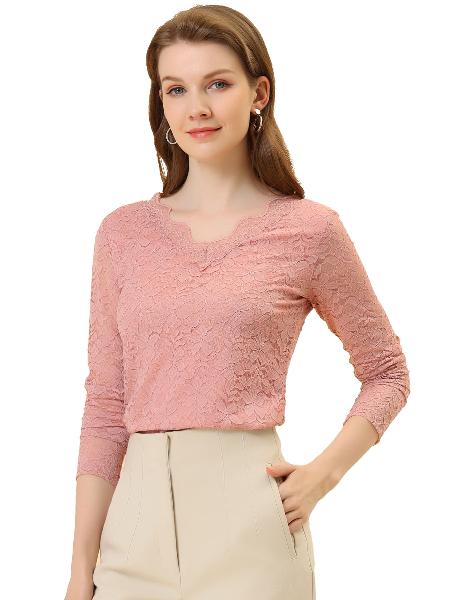 DARING DIVA Floral Lace Shirt Lace Scalloped Trim Blouse L Pink
