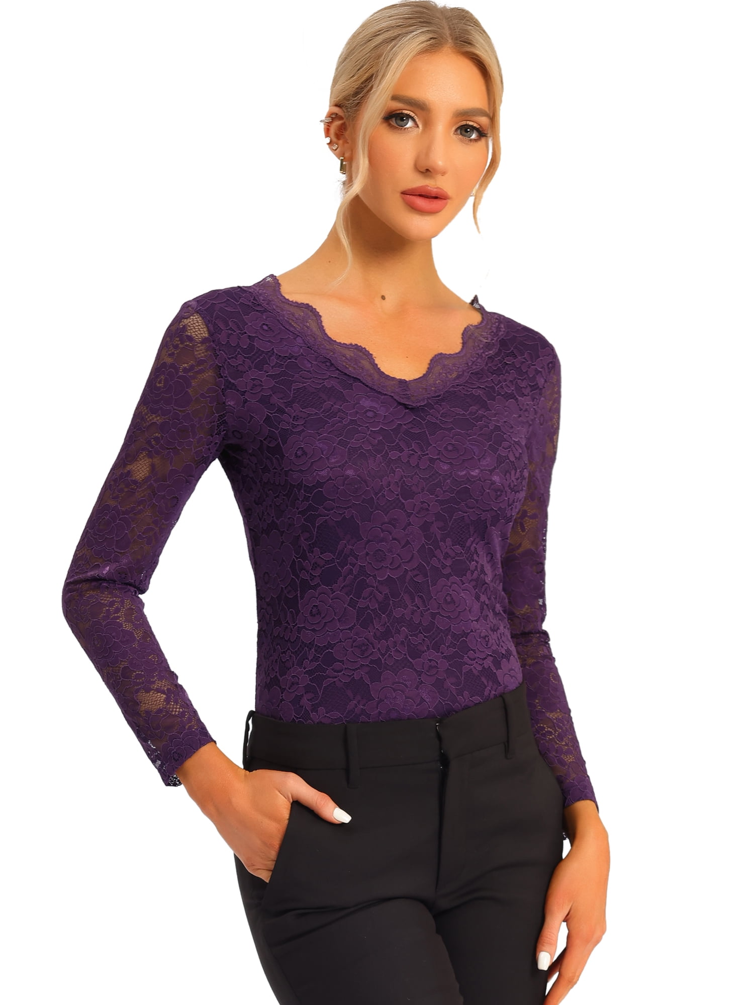 DARING DIVA Floral Lace Shirt Lace Scalloped Trim Blouse L Purple