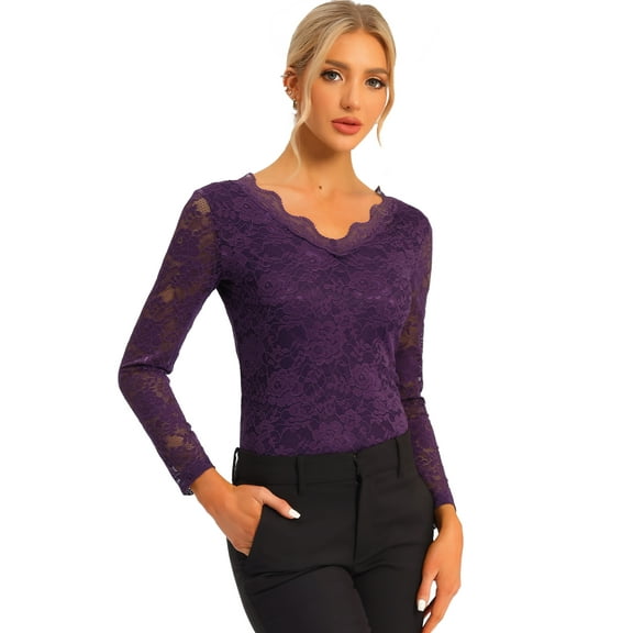 DARING DIVA Floral Lace Shirt Lace Scalloped Trim Blouse L Purple