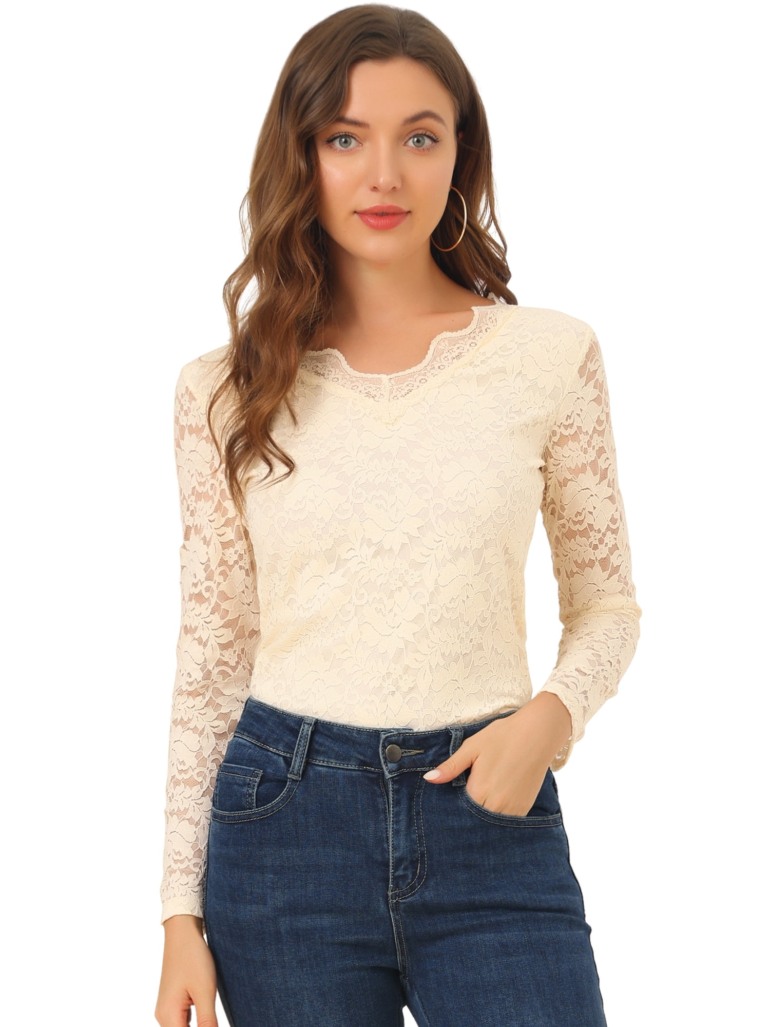 DARING DIVA Floral Lace Shirt Lace Scalloped Trim Blouse M Beige