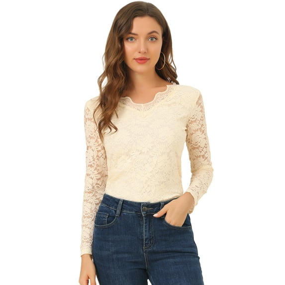 DARING DIVA Floral Lace Shirt Lace Scalloped Trim Blouse M Beige