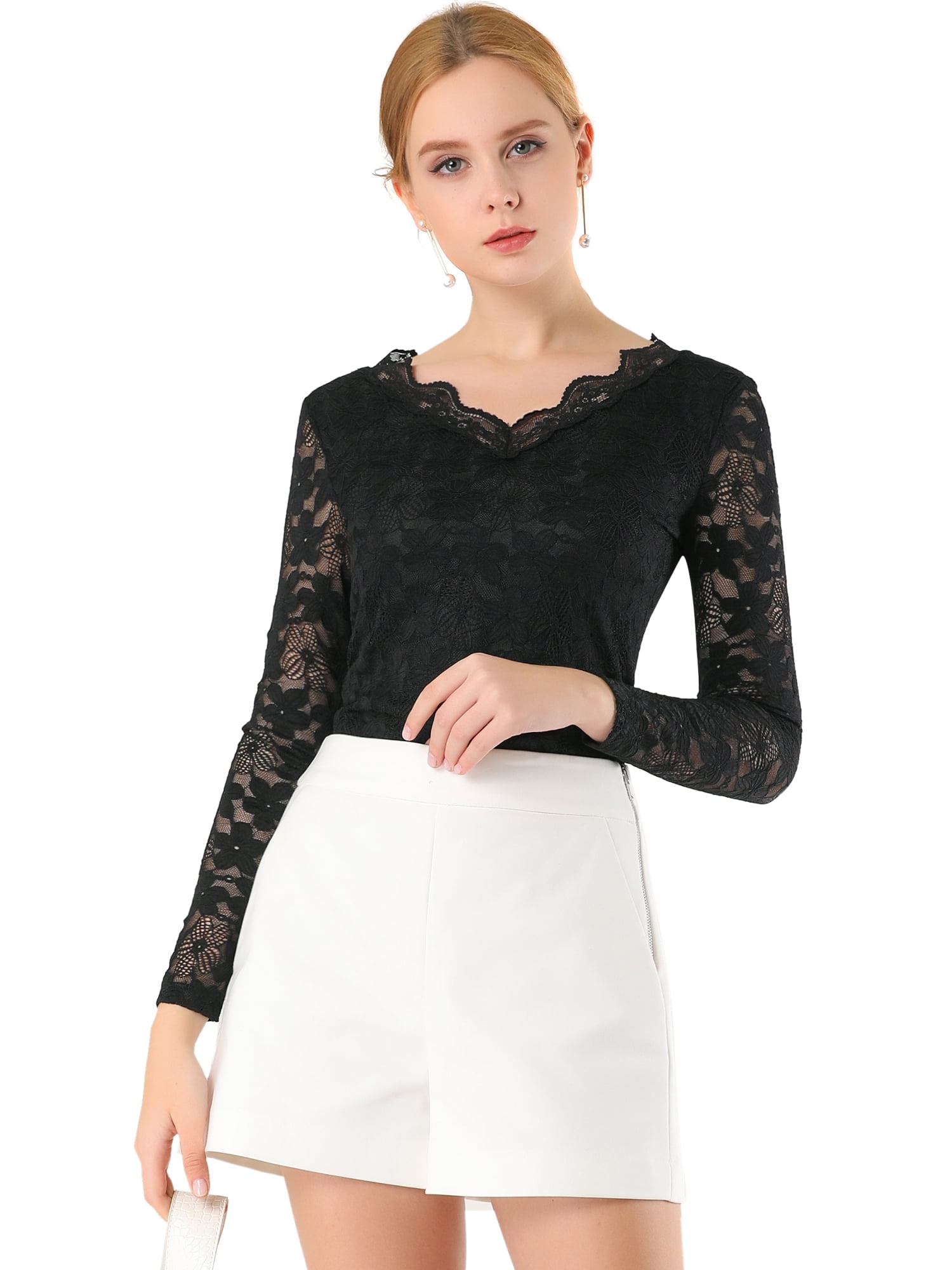 DARING DIVA Floral Lace Shirt Lace Scalloped Trim Blouse M Black