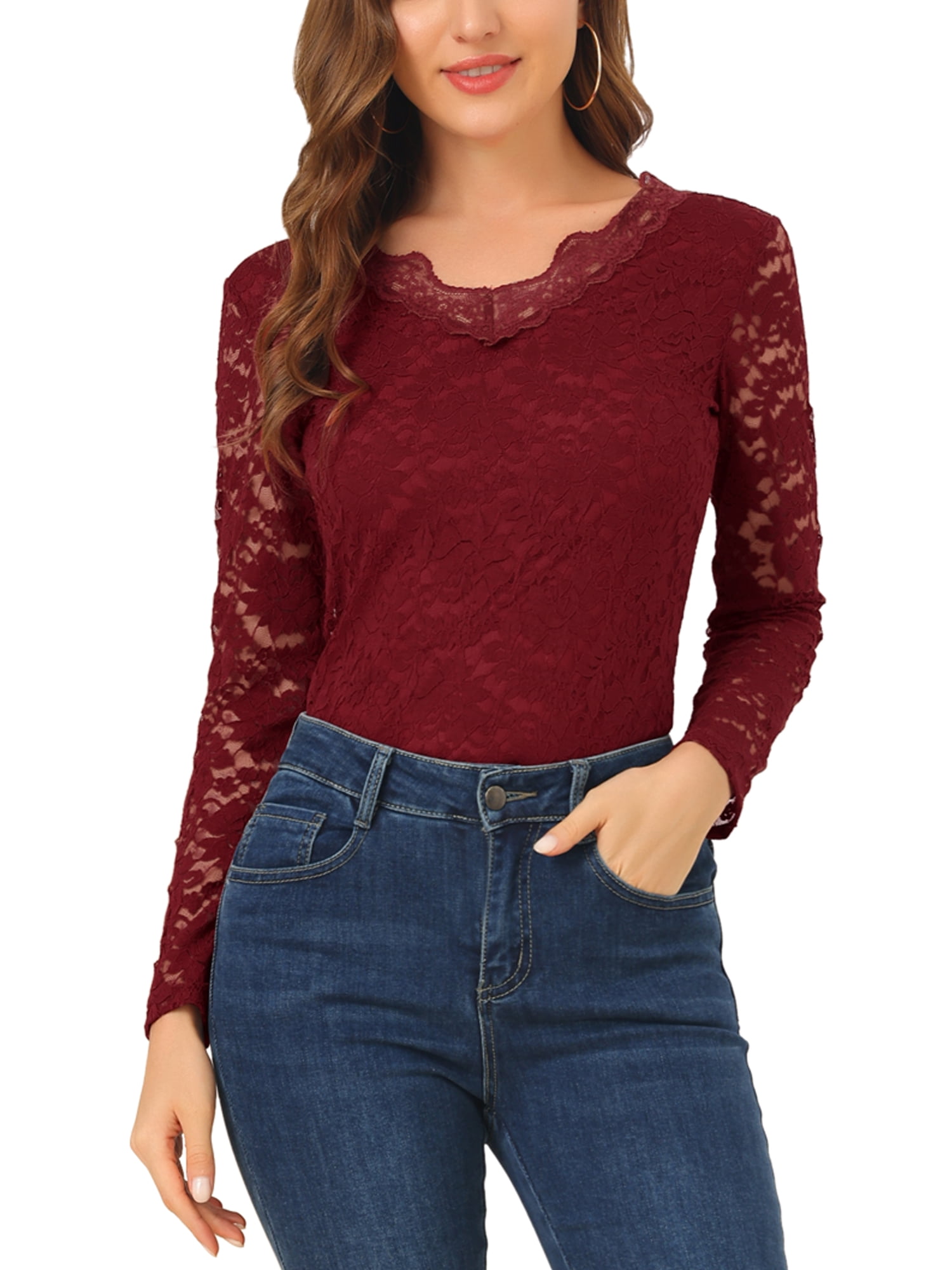 DARING DIVA Floral Lace Shirt Lace Scalloped Trim Blouse M Burgundy