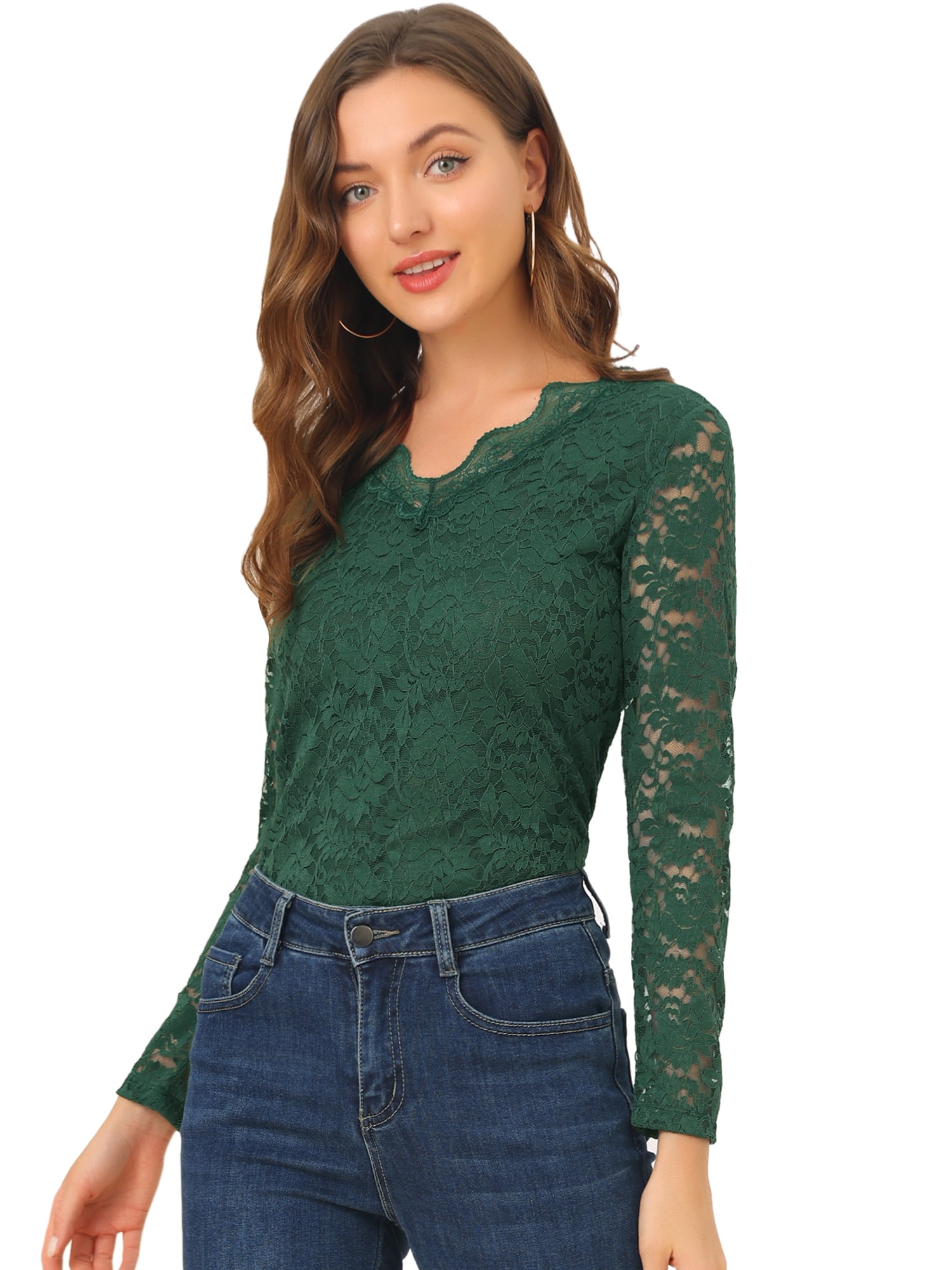 DARING DIVA Floral Lace Shirt Lace Scalloped Trim Blouse M Dark Green