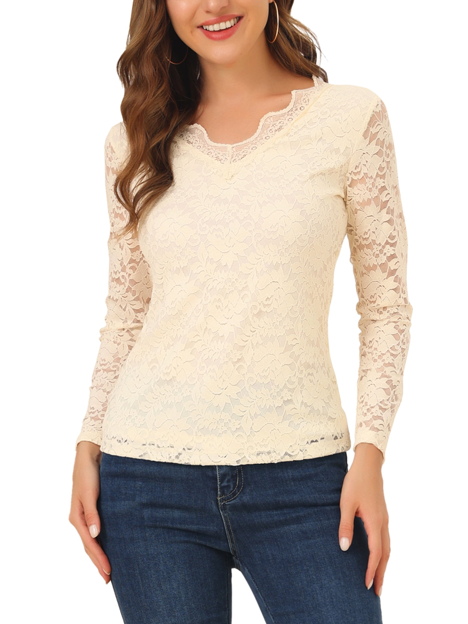 DARING DIVA Floral Lace Shirt Lace Scalloped Trim Blouse S Beige