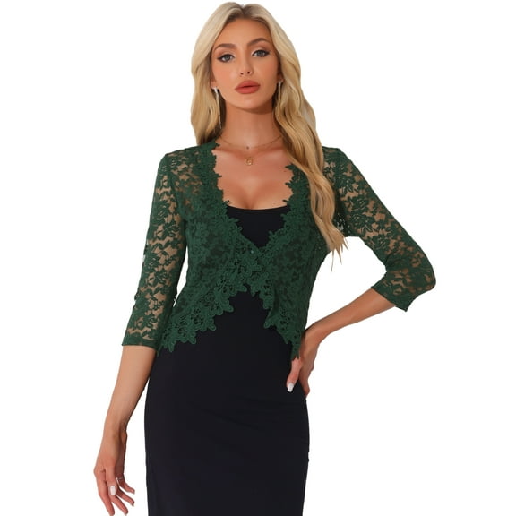 DARING DIVA Floral Lace Shrugs 3/4 Sleeves Elegant Bolero Cardigan M Dark Green