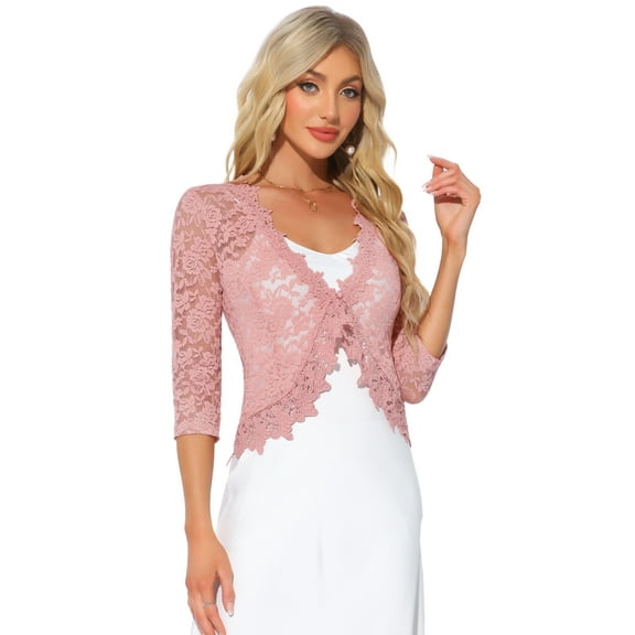 DARING DIVA Floral Lace Shrugs 3/4 Sleeves Elegant Bolero Cardigan M Pink
