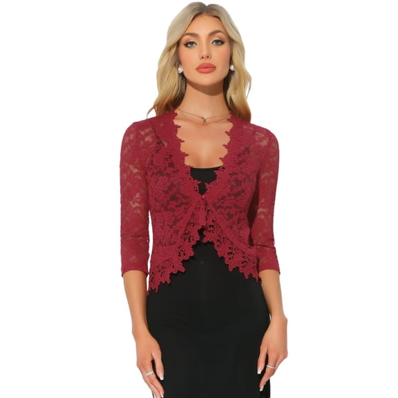 DARING DIVA Floral Lace Shrugs 3/4 Sleeves Elegant Bolero Cardigan S Dark Red
